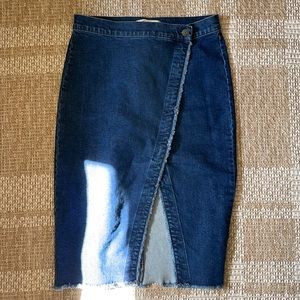 Madewell Midi Raw hem faux wrap denim skirt